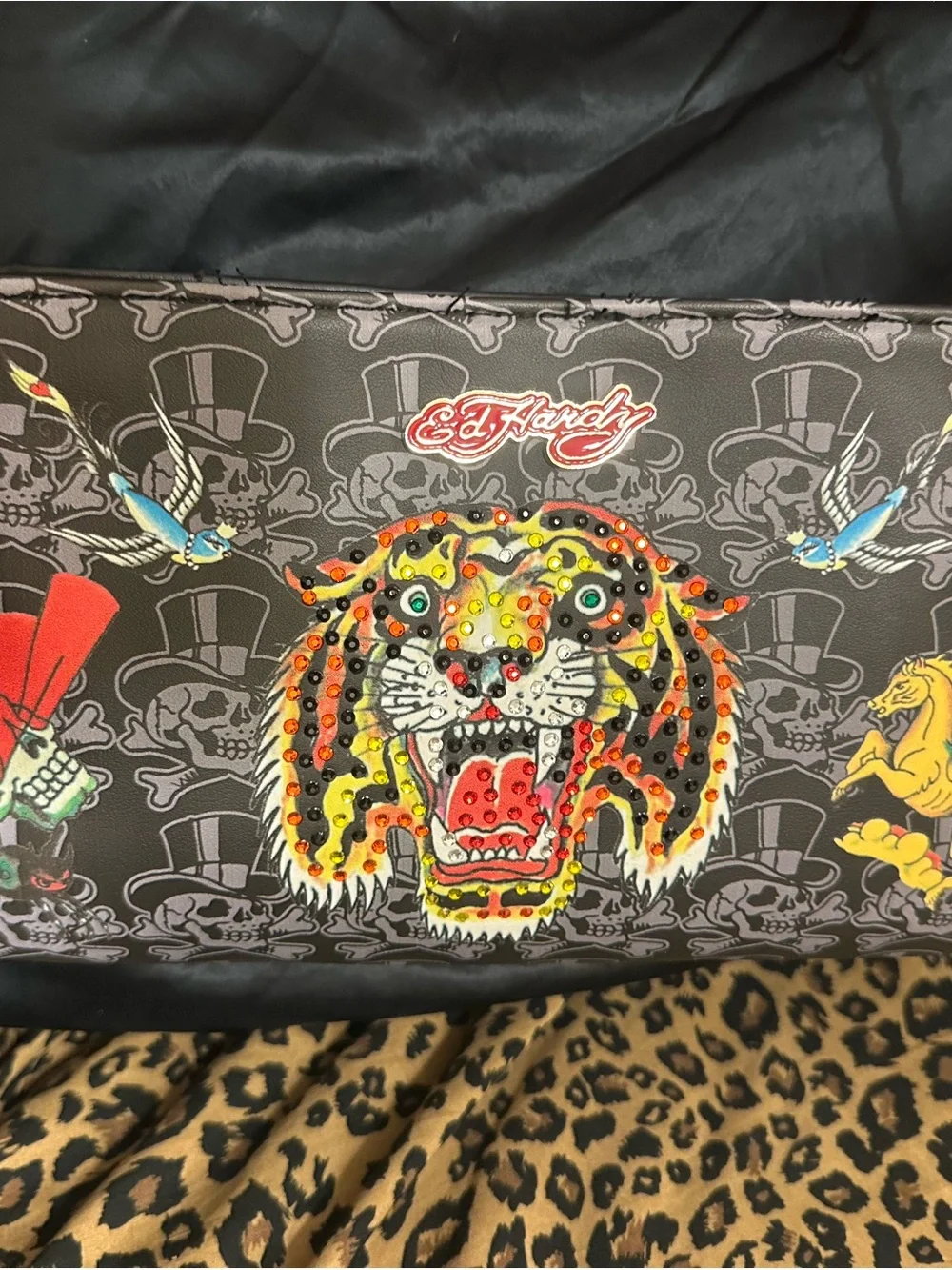 Ed Hardy Black Satchel with Multicolor Tiger and Yellow Pegasus / brand new